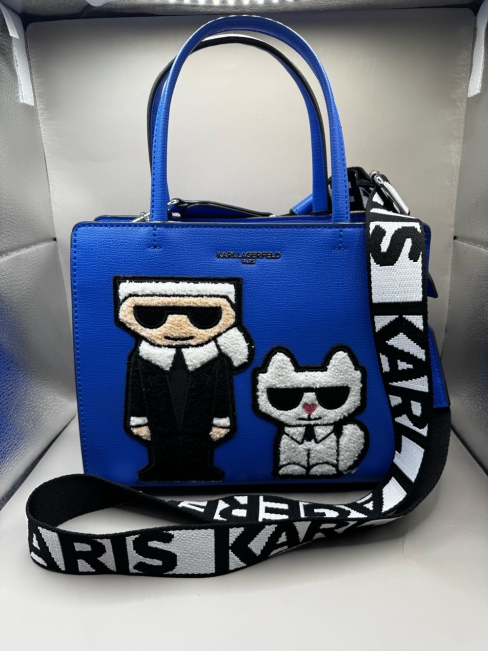 Karl Lagerfeld Royal Blue Leather Satchel with Character Patches - Picture 2 of 10